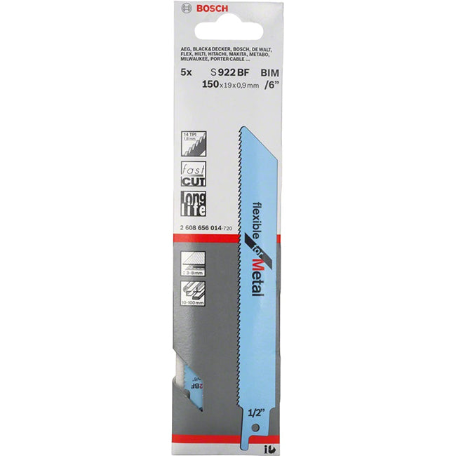 Bosch S922BF 150mm Sabre Saw Blade Flexiable for metal 10-100mm (Pack Of 5) P/No. 2 608 656 014