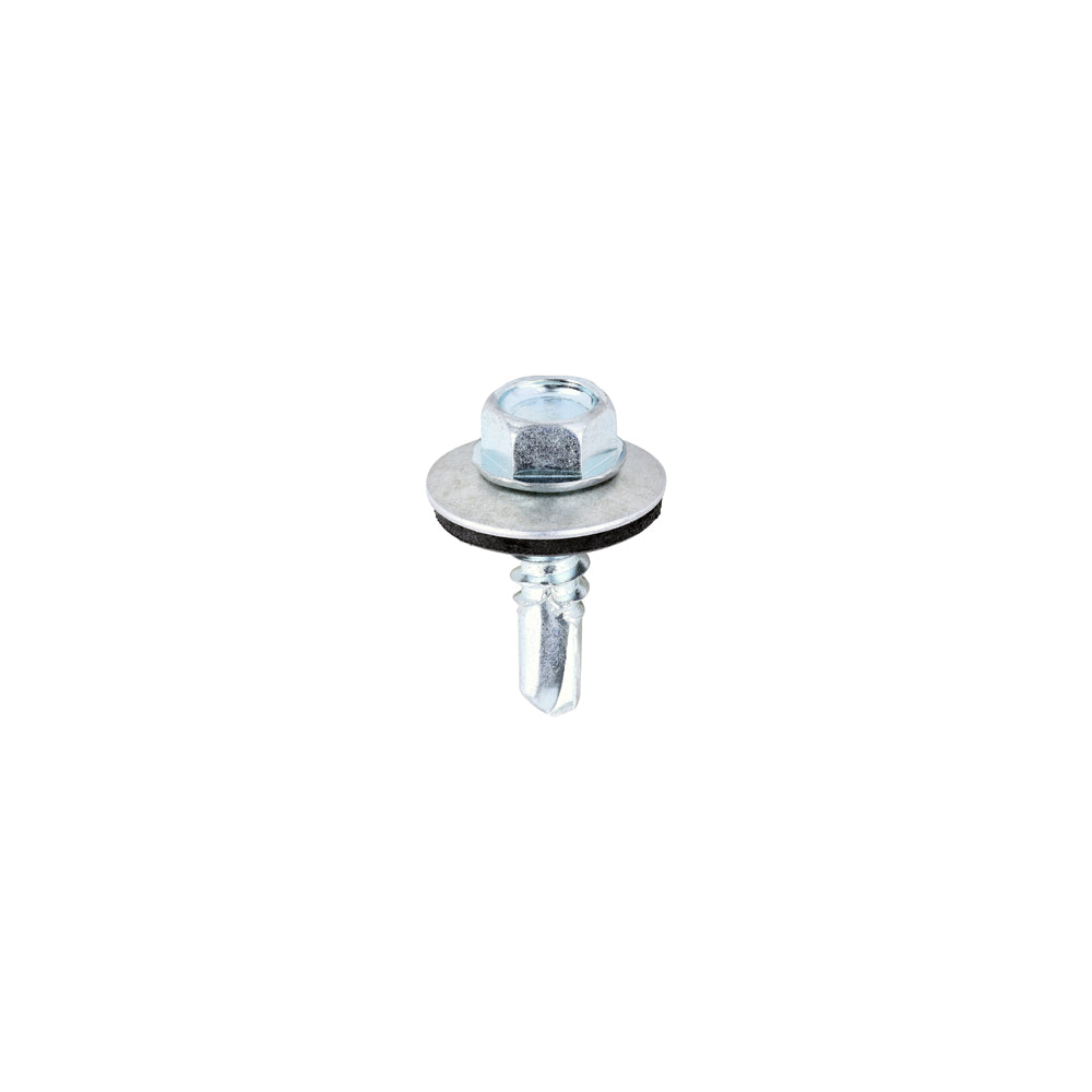 5.5 x 20mm (5/16" Hexagon Head) Self Drill Screws, Metal to Metal, Bright Zinc Plated For Steel 1.2-4mm Thickness with 16mm EPDM Washer ZL19W16