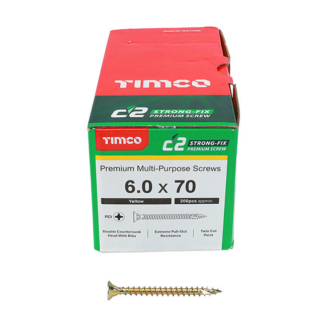 6.0 x 70 Timco C2 Strong Fix Premium Woodscrew, Countersunk Pozi Pz3, Steel Zinc / Yellow Plated 60070C2
