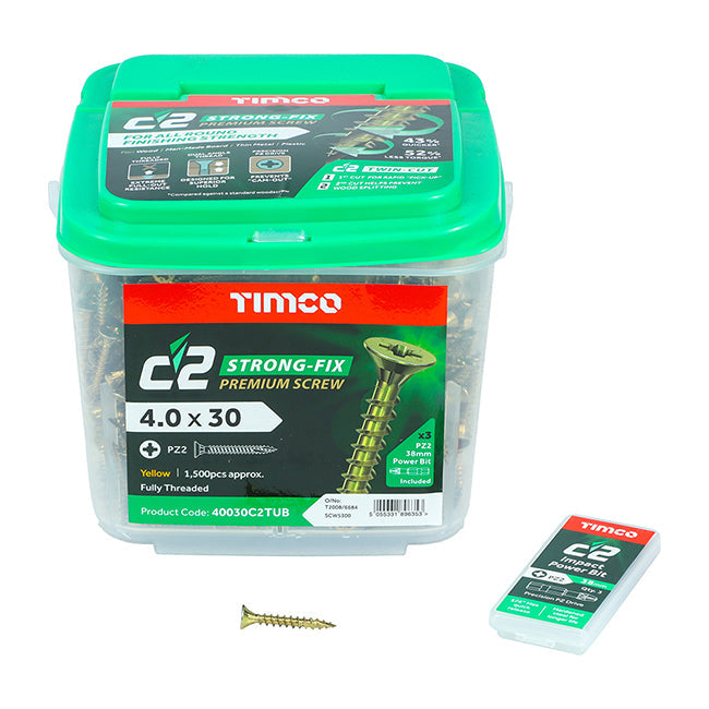 4.0 x 30 Timco C2 Strong Fix Premium Woodscrew, Countersunk Pozi, Steel Zinc / Yellow Plated (Tub of 1500) 40030C2TUB