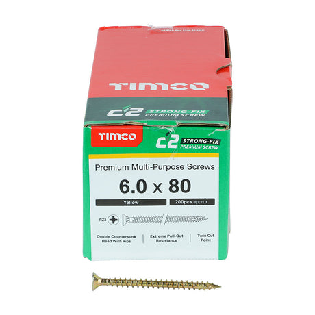 6.0 x 80 Timco C2 Strong Fix Premium Woodscrew, Countersunk Pozi Pz3, Steel Zinc / Yellow Plated 60080C2