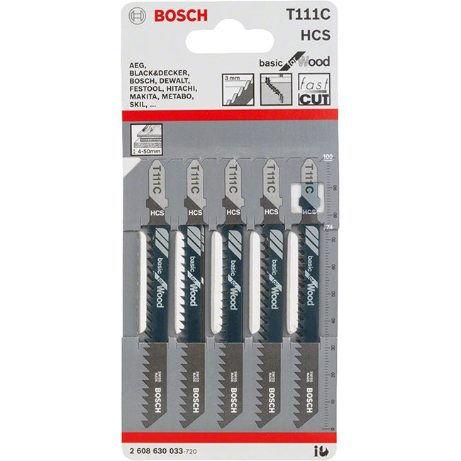Bosch T111C 100mm Jigsaw Blade for wood 4-50mm (Pack Of 5) P/No. 2 608 630 033