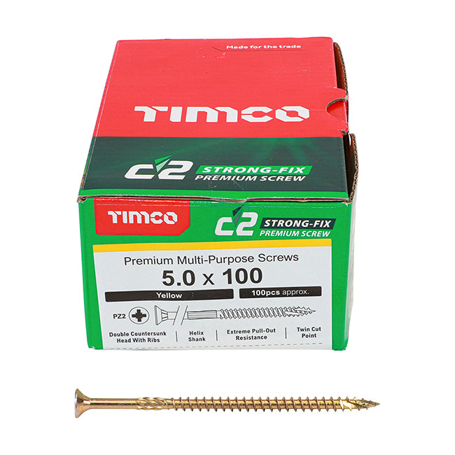 5.0 x 120 Timco C2 Strong Fix Premium Wood Screw, Countersunk Pozi Pz2, Steel Zinc / Yellow Plated 50120C2