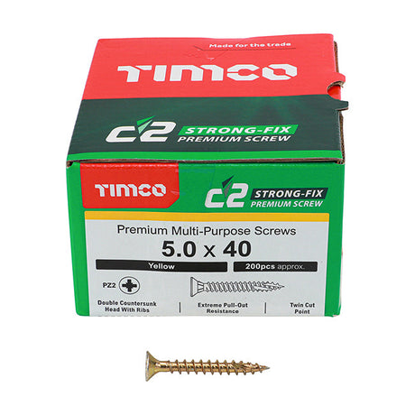 5.0 x 40 Timco C2 Strong Fix Premium Woodscrew, Countersunk Pozi Pz2, Steel Zinc / Yellow Plated 50040C2