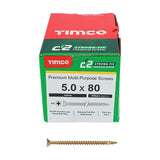 5.0 x 80 Timco C2 Strong Fix Premium Woodscrew, Countersunk Pozi Pz2, Steel Zinc / Yellow Plated 50080C2
