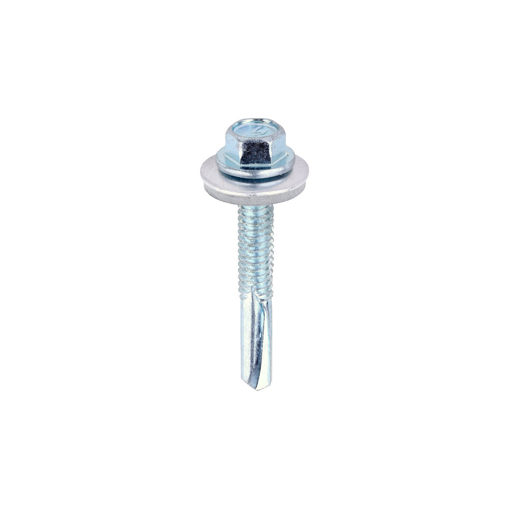 5.5 x 38mm (5/16" Hexagon Head) Self Drill Screws, Metal to Metal, Bright Zinc Plated For Steel 4-12.5mm Thickness with 16mm EPDM Washer ZH38W16B