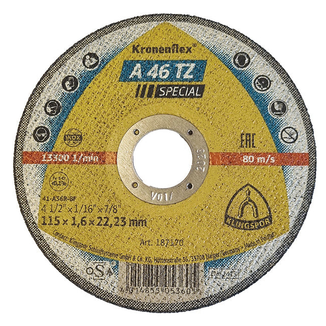 Klingspor Kronenflex 115mm x 22mm x 1.6mm Metal Cutting Disc Premium Quality. Art. 187170