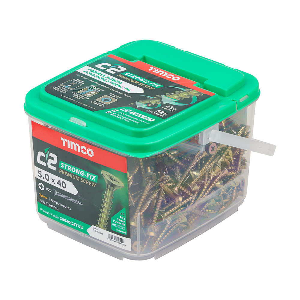 5.0 x 40 Timco C2 Strong Fix Premium Woodscrew, Countersunk Pozi, Steel Zinc / Yellow Plated (Tub of 800) 50040C2TUB