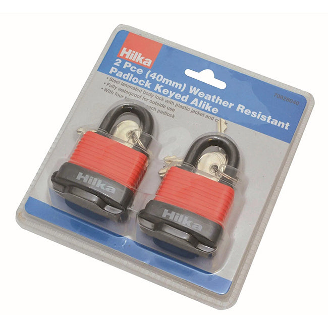Hilka 40mm 2 Piece Weather Resistant Pair Keyed Alike Padlock 70828040
