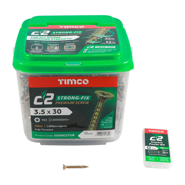 3.5 x 30 Timco C2 Strong Fix Premium Woodscrew, Countersunk Pozi, Steel Zinc / Yellow Plated (Tub of 1800) 35030C2TUB