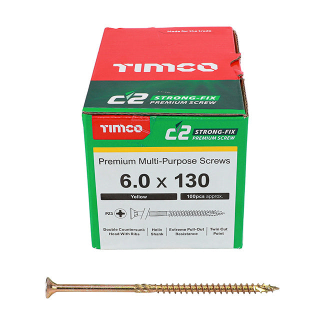 6.0 x 130 Timco C2 Strong Fix Premium Woodscrew, Countersunk Pozi Pz3, Steel Zinc / Yellow Plated 60130C2