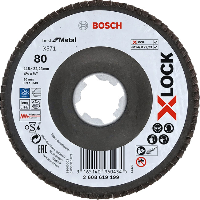 Bosch 115mm X-Lock 80 Grit Best for Metal Flap Disc, Angled Version, P/No. 2 608 619 199