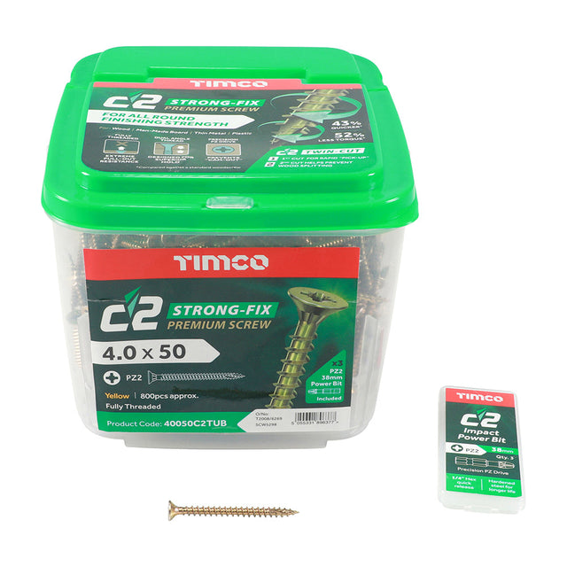 4.0 x 60 Timco C2 Strong Fix Premium Woodscrew, Countersunk Pozi, Steel Zinc / Yellow Plated (Tub of 600) 40060C2TUB