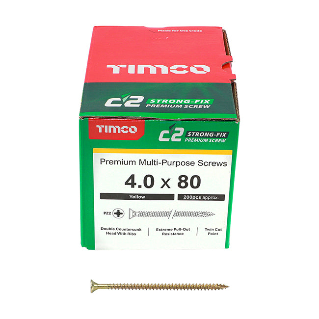 4.0 x 80 Timco C2 Strong Fix Premium Woodscrew, Countersunk Pozi Pz2, Steel Zinc / Yellow Plated 40080C2
