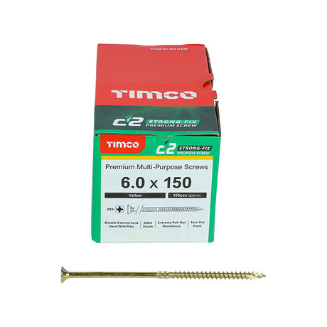 6.0 x 150 Timco C2 Strong Fix Premium Woodscrew, Countersunk Pozi Pz3, Steel Zinc / Yellow Plated 60150C2