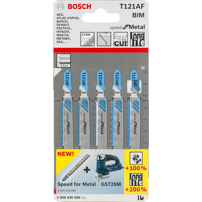 Bosch T121AF 92mm Bi-Metal Jigsaw Blades For Metal (Pack of 5) 2 608 636 699