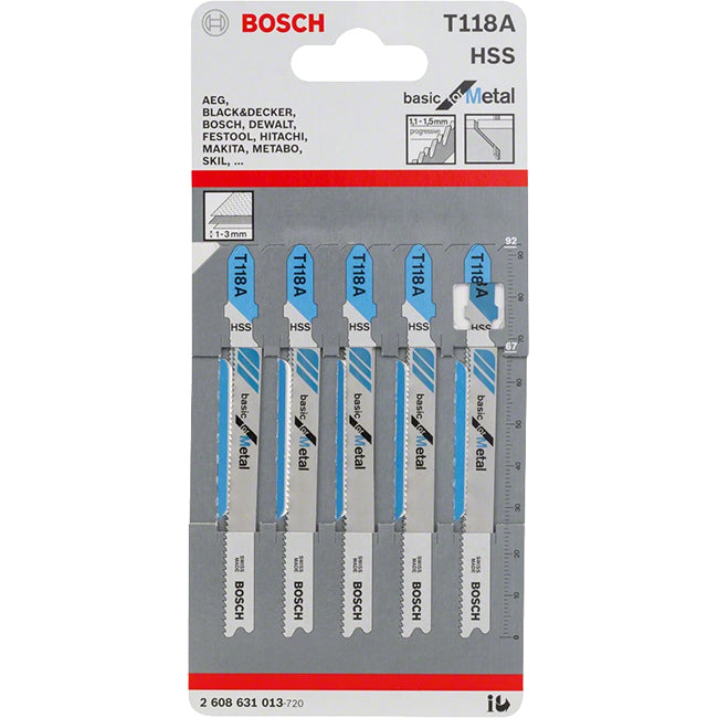 Bosch T118A 67mm Jigsaw Blade for metal 1-3mm (Pack Of 5) P/No. 2 608 631 013