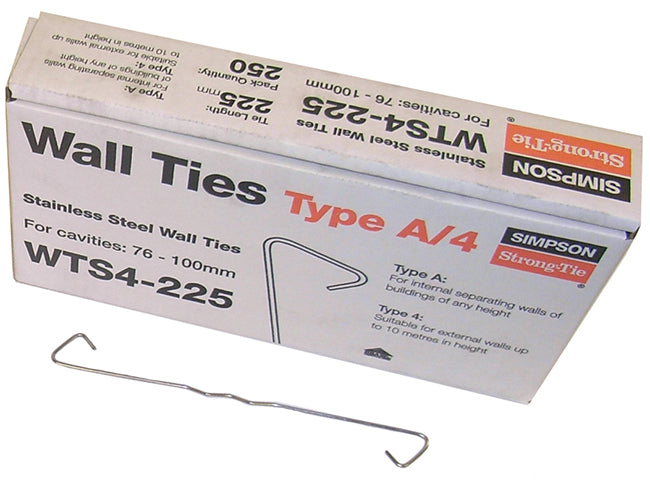 Simpson 225mm Wall Tie 76-100mm Light Duty Type 4 (Box of 250) Stainless Steel WTS4-225