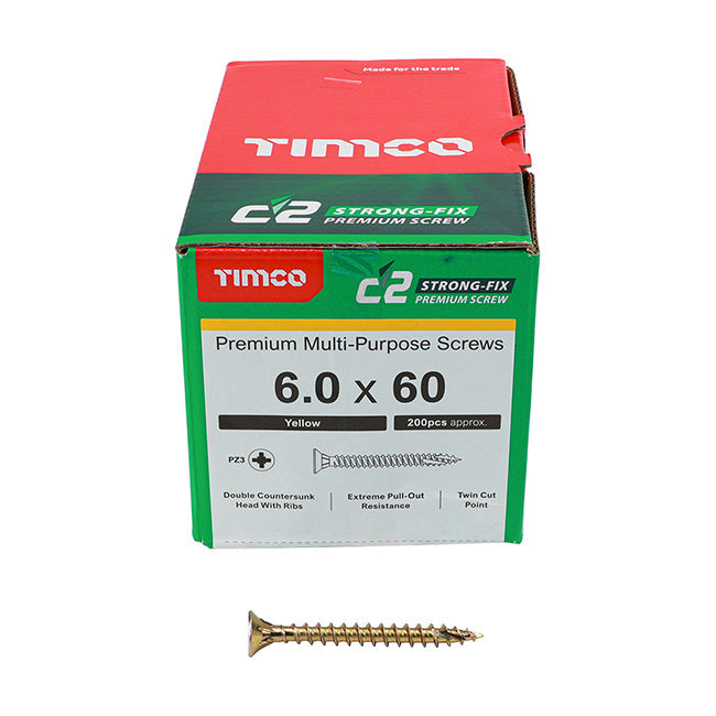 6.0 x 60 Timco C2 Strong Fix Premium Woodscrew, Countersunk Pozi Pz3, Steel Zinc / Yellow Plated 60060C2