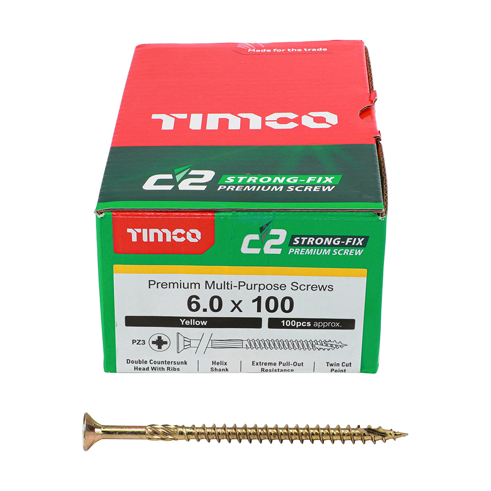 6.0 x 100 Timco C2 Strong Fix Premium Woodscrew, Countersunk Pozi Pz3, Steel Zinc / Yellow Plated 60100C2