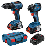 Bosch GSB 18V-55 Combi, GDR 18V-200 Impact Wrench with 2 x 4.0Ah Li-ion Batteries, Charger & L-Boxx
