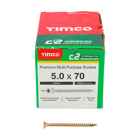 5.0 x 70 Timco C2 Strong Fix Premium Woodscrew, Countersunk Pozi Pz2, Steel Zinc / Yellow Plated 50070C2