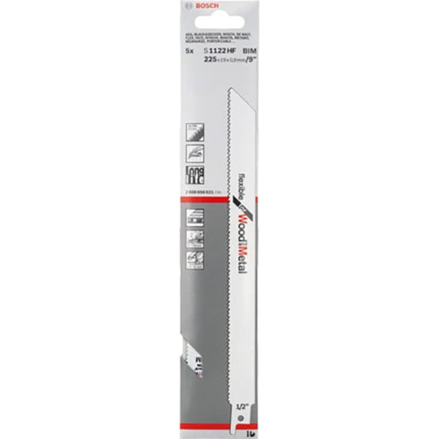 Bosch S1122HF 225mm Sabre Saw Blade flexible for wood 5-175mm and metal 3-12mm (Pack of 5) P/No. 2 608 656 021