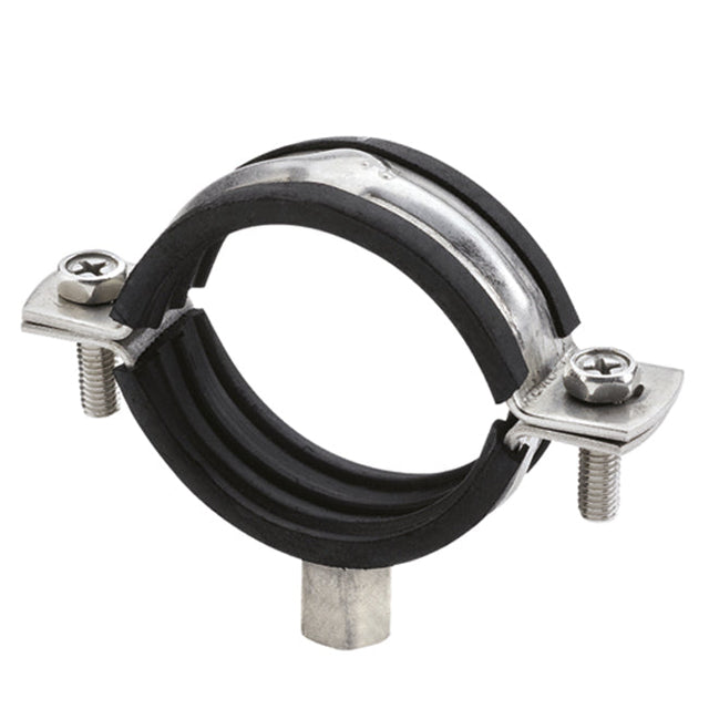133-140mm Two Piece Rubber Lined Pipe Clamp, Stainless Steel 316 A4, Boss Threaded both M8 & M10