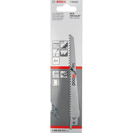 Bosch S644D 150mm Sabre Saw Blade for wood 6-100mm (Pack Of 5) P/No. 2 608 650 673