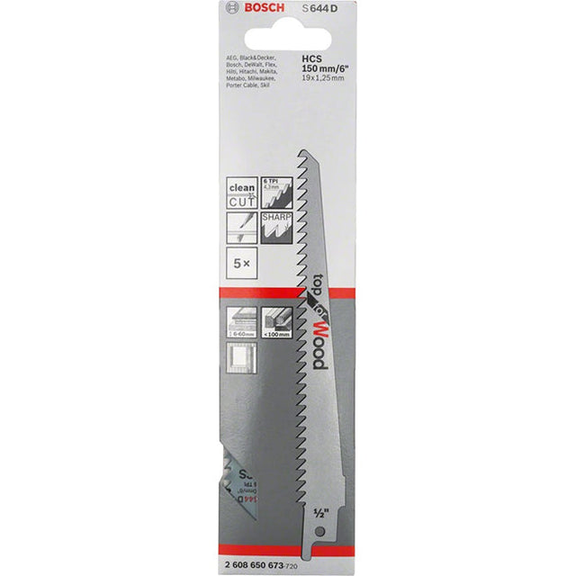 Bosch S644D 150mm Sabre Saw Blade for wood 6-100mm (Pack Of 5) P/No. 2 608 650 673