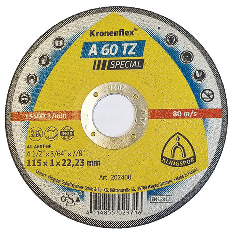Klingspor Kronenflex 115mm x 22mm x 1.0mm Metal Cutting Disc Premium Quality. Art.202400