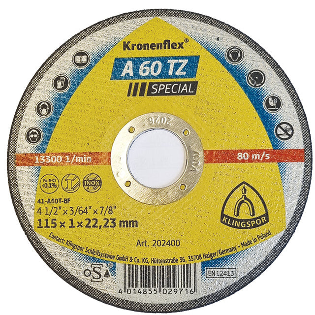 Klingspor Kronenflex 115mm x 22mm x 1.0mm Metal Cutting Disc Premium Quality. Art.202400