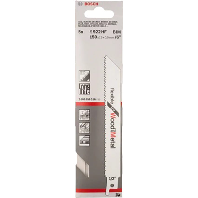 Bosch S922HF 150mm Sabre Saw Blade flexiable for wood 5-100mm and metal 3-12mm (Pack Of 5) P/No. 2 608 656 016