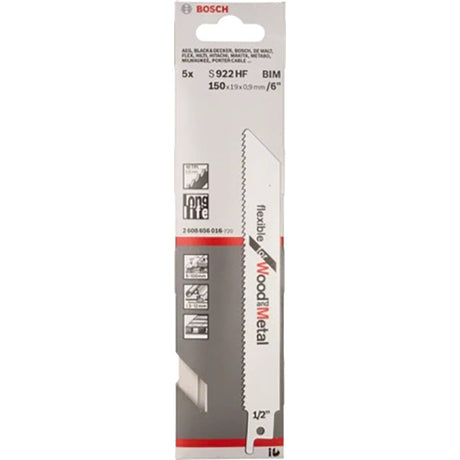 Bosch S922HF 150mm Sabre Saw Blade flexiable for wood 5-100mm and metal 3-12mm (Pack Of 5) P/No. 2 608 656 016