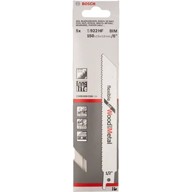 Bosch S922HF 150mm Sabre Saw Blade flexiable for wood 5-100mm and metal 3-12mm (Pack Of 5) P/No. 2 608 656 016