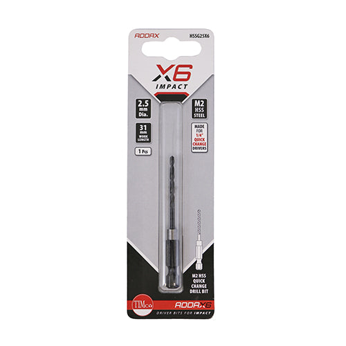 2.5mm Addax X6 HSS Hex Shank Impact Drill Bit HSSG25X6