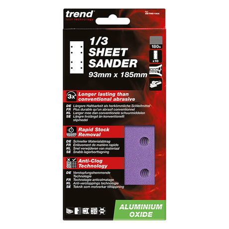 Trend 93 x 185mm Aluminium Oxide 1/3 Sheet Sanding 180 Grit (Pack of 10) AB/THD/180A