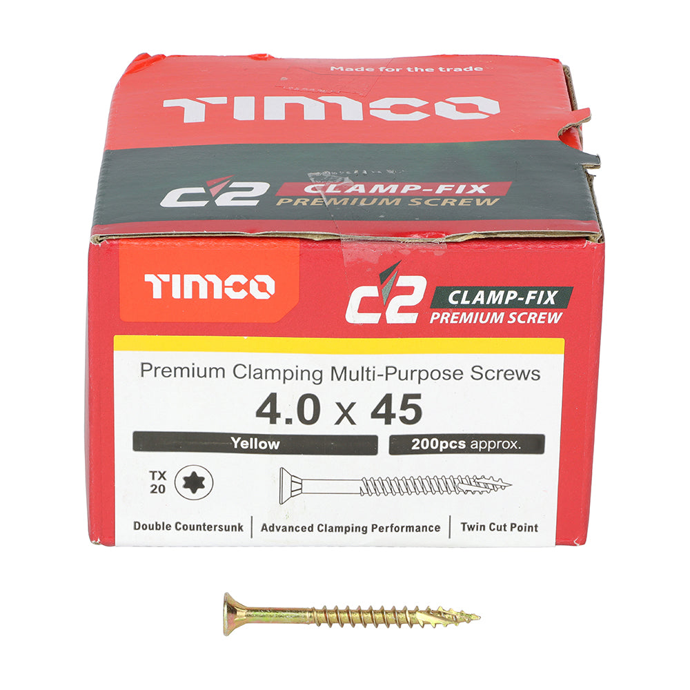 4.0 x 45 Timco Countersunk TX20 Clamp Fix C2 Woodscrews Yellow 40045C2C