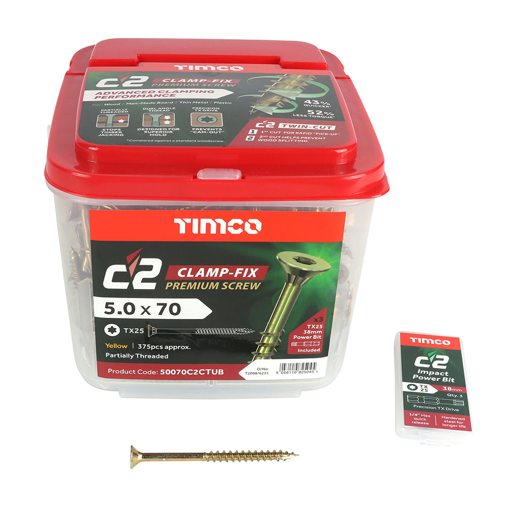 5.0 x 70 Timco Countersunk TX25 Clamp Fix C2 Woodscrews Yellow (Tub of 375) 50070C2CTUB