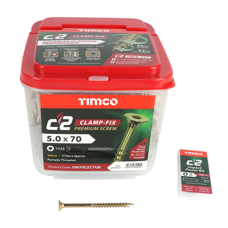 5.0 x 70 Timco Countersunk TX25 Clamp Fix C2 Woodscrews Yellow (Tub of 375) 50070C2CTUB