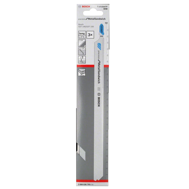 Bosch T 1018 AFP 250mm Precision for Metal-Sandwich Jigsaw Blade (Pack of 3) P/No. 2 608 636 793