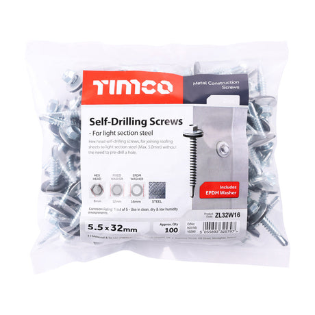 5.5 x 32mm (5/16" Hexagon Head) Self Drill Screws, Metal to Metal, Bright Zinc Plated For Steel 1.2-4mm Thickness with 16mm EPDM Washer ZL32W16