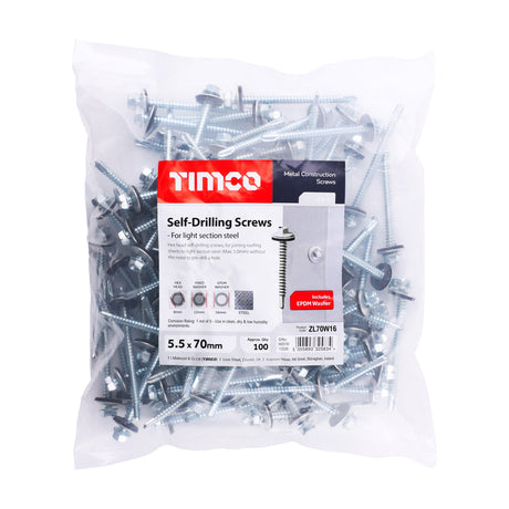 5.5 x 70mm (5/16" Hexagon Head) Self Drill Screws, Metal to Metal, Bright Zinc Plated For Steel 1.2-4mm Thickness with 16mm EPDM Washer ZL70W16