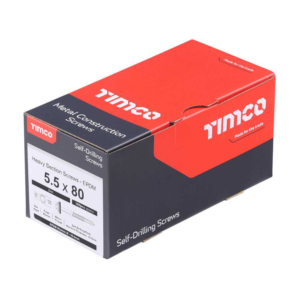 5.5 x 80mm (5/16" Hexagon Head) Self Drill Screws, Metal to Metal, Bright Zinc Plated For Steel 4-12.5mm Thickness with 16mm EPDM Washer ZH80W16B