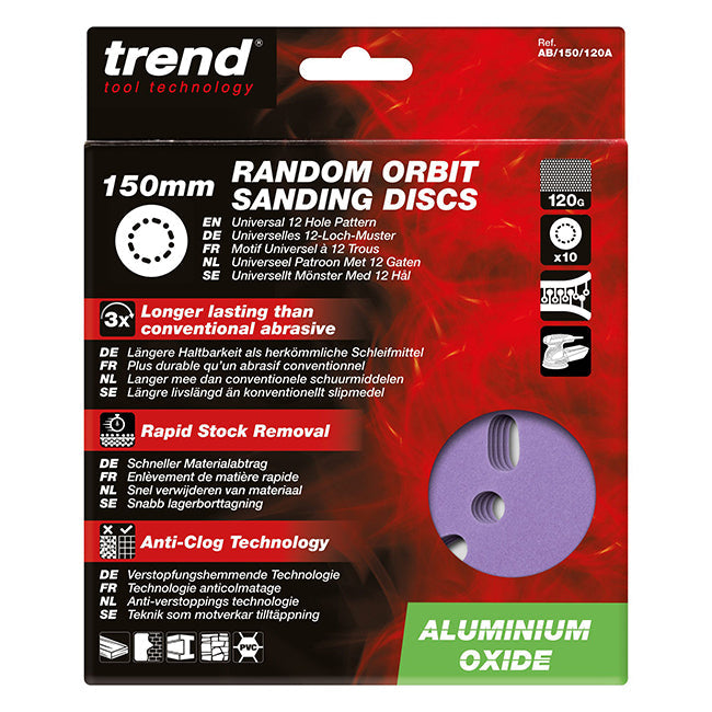 Trend Aluminium Oxide 150mm Random Orbit 120 Grit Sanding Discs, AB/150/120A, Pack of 10