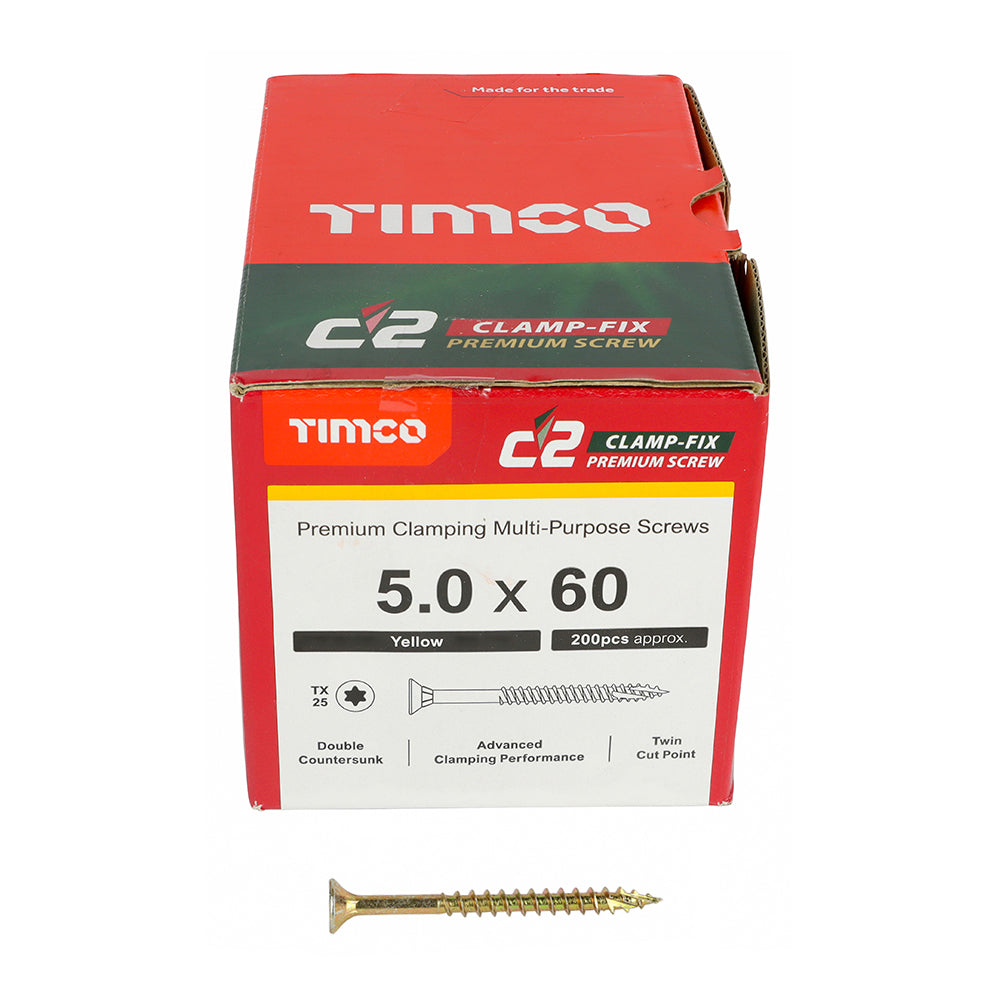 5.0 x 60 Timco Countersunk TX25 Clamp Fix C2 Woodscrews Yellow 50060C2C