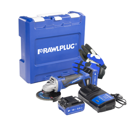 Rawlplug 18V Brushless Angle  Grinder 125mm 2 x 5.0Ah batteries R-PAG18-XL2-UK