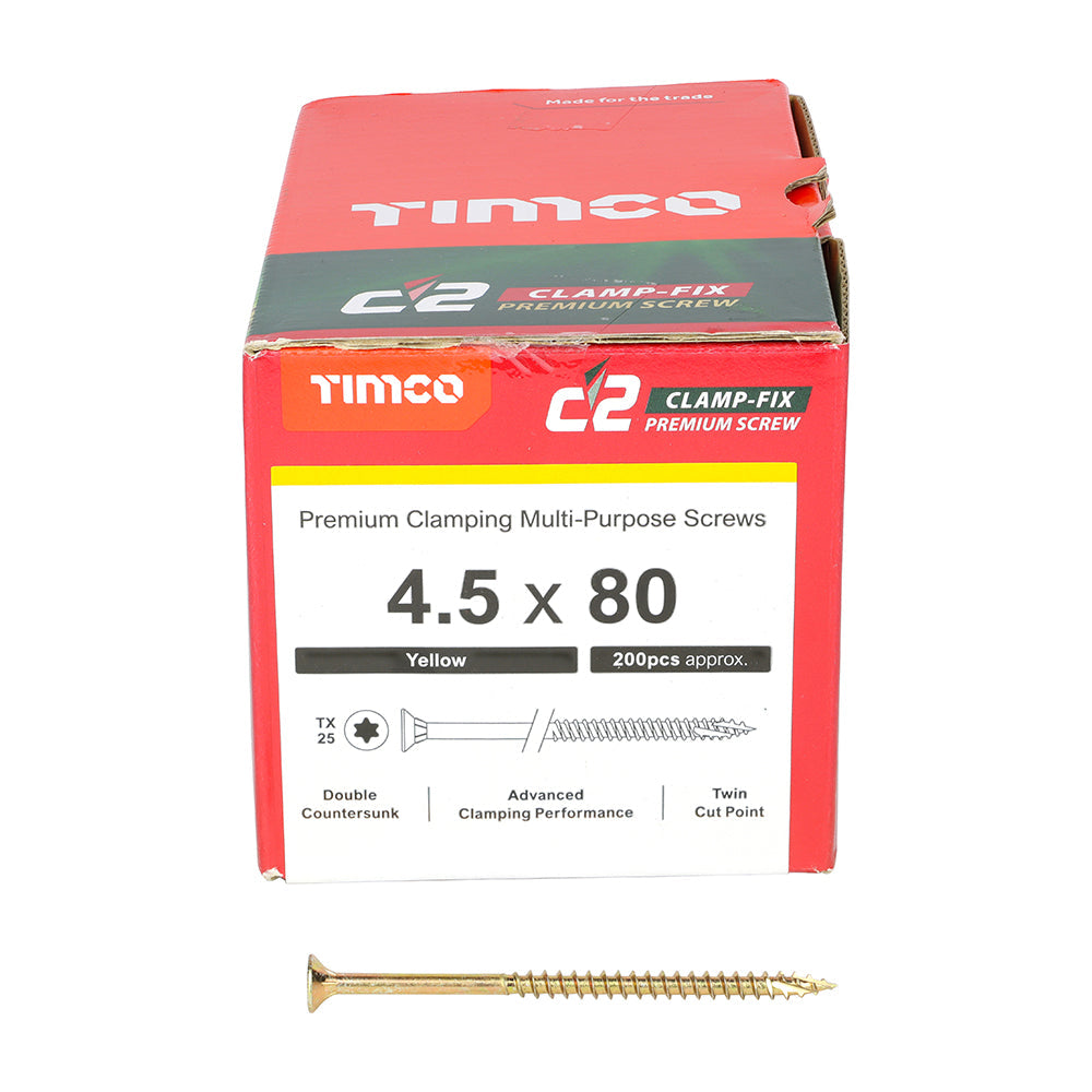 4.5 x 80 Timco Countersunk TX25 Clamp Fix C2 Woodscrews Yellow 45080C2C