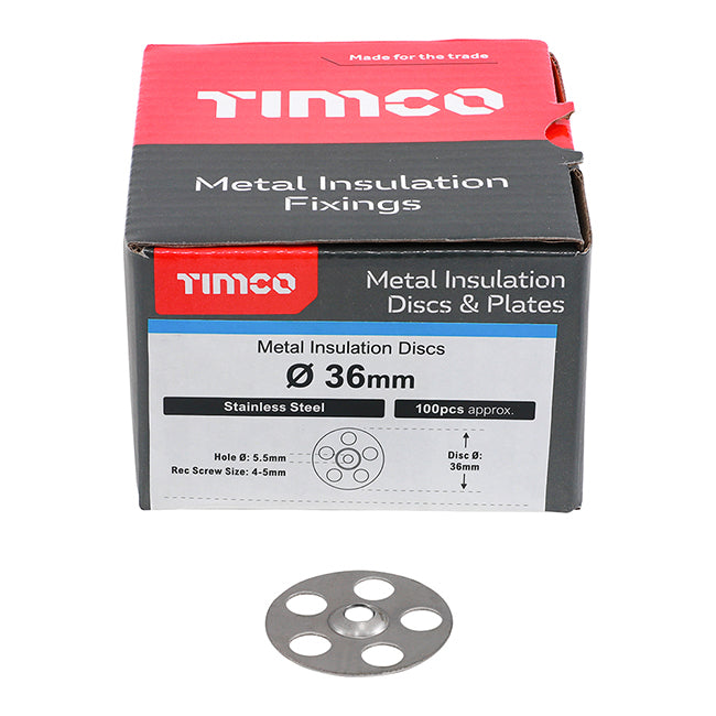 36mm Insulation Disc 5mm Hole, Stainless Steel (Box of 100)