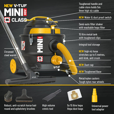 V-Tuf M-Class Mini Dust Extactor Wet/dry 15L 240V